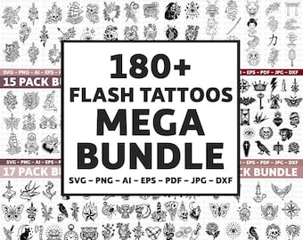 180+ Flash Tattoo SVG Mega Bundle, Blackwork Tattoos, Tattoo Designs Procreate, Traditional & Modern Flash Tattoos, SVG PNG eps dxf, Cricut
