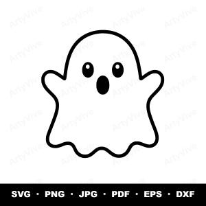 May include: A black and white graphic illustration of a ghost with a rounded head, two small oval eyes, and an open oval mouth. The design features a thick black outline and a wavy bottom edge. The text SVG, PNG, JPG, PDF, EPS, DXF is at the bottom.