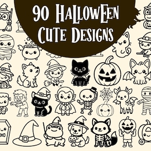 Peut inclure: Une collection de 90 Halloween cute designs présentant des illustrations au trait noir et blanc de personnages comme des hiboux, momies, chats, citrouilles, chauves-souris, sorcières, squelettes et vampires avec le texte 90 HALLOWEEN CUTE DESIGNS.