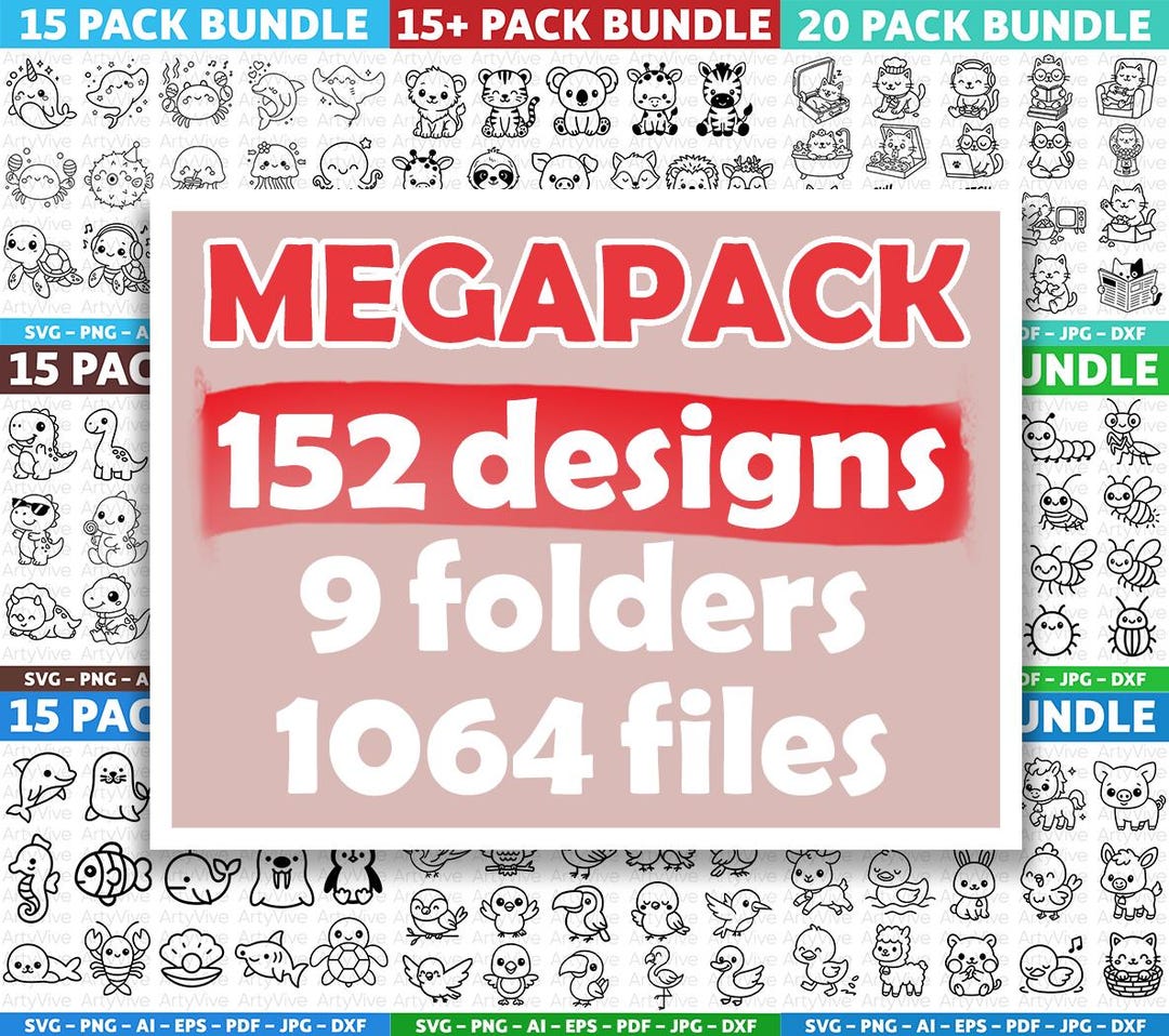 Cute Animals SVG Megapack, Mega Bundle Cute Animals SVG, Kawaii Animal ...