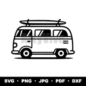 Peut inclure: Illustration en noir et blanc d'un van vintage avec une planche de surf sur le toit. Le van a de grandes fenêtres et une porte latérale. Types de fichiers : SVG, PNG, JPG, PDF, et DXF.