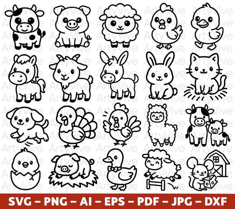Cute Farm Animals SVG Bundle, Kawaii Farm Animal Clipart, Cow Pig Sheep ...
