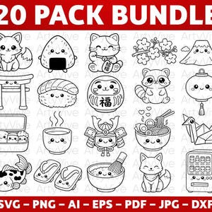 May include: A black and white illustration bundle featuring 20 Japanese-themed designs. Includes a fox, onigiri, lucky cat, cherry blossoms, Mount Fuji, a torii gate, sushi, a Daruma doll, a raccoon, a lantern, a bento box, a teacup, a samurai helmet, ramen, an origami crane, a koi fish, geta sandals, matcha, a vending machine, and the text "20 PACK BUNDLE".