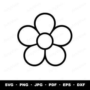 May include: A black and white line art graphic of a five-petaled flower with a central circular core. Below the flower, the text reads SVG, PNG, JPG, PDF, EPS, and DXF, indicating the available file formats for this digital design asset.