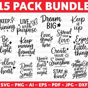 Positive Quotes SVG Bundle, Hand Lettered Inspirational Sayings, Motivational quote Cut Files for Cricut & Silhouette, Life words SVG bundle