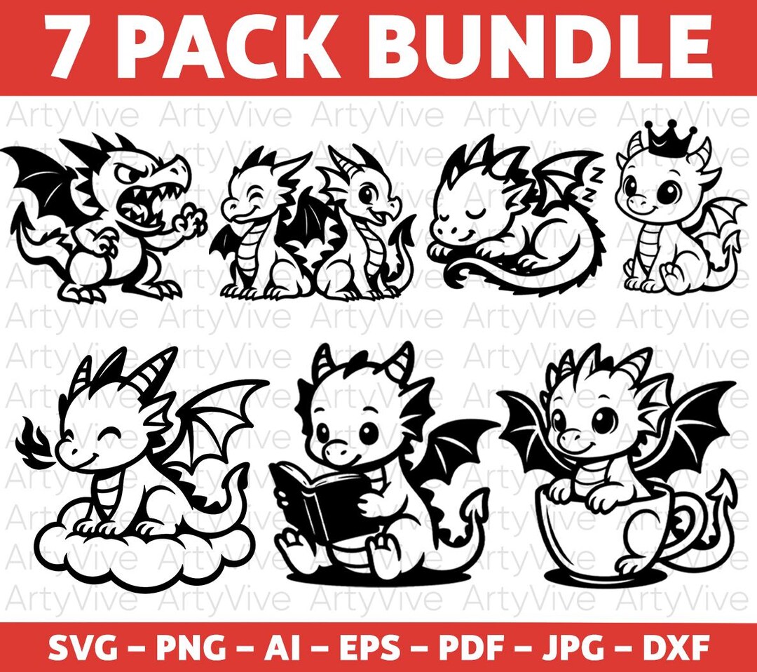 Cute Baby Dragon SVG Bundle, Fantasy Clipart Designs for Cricut ...