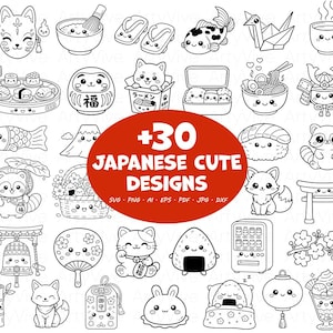 Może przedstawiać: Czarno-białe ilustracje japońskich wzorów, w tym sushi, ramen, lalka Daruma i automat. Obraz zawiera tekst "+30 JAPANESE CUTE DESIGNS".