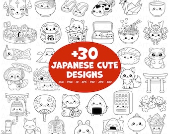 Kawaii Japanese SVG Bundle, 30 Cute Japan Clipart PNG, Kawaii Sushi Ramen Sakura Designs, Cute Anime Style SVG Files, Cricut, Kids coloring