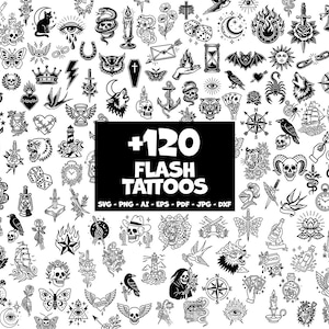 May include: A collection of over 120 black and white flash tattoo designs. The designs include skulls, roses, animals, nautical themes, and other classic tattoo imagery. The text "+120 FLASH TATTOOS" is displayed in a black rectangle.