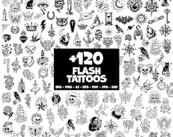 120+ Flash Tattoo SVG Bundle, Old School Tattoo Designs, Gothic Tattoo Clipart, Procreate, PNG dxf eps ai Cricut, Traditional tattoos
