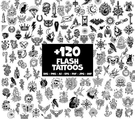 120+ Flash Tattoo SVG Bundle, Old School Tattoo Designs, Gothic Tattoo Clipart, Procreate, PNG dxf eps ai Cricut, Traditional tattoos
