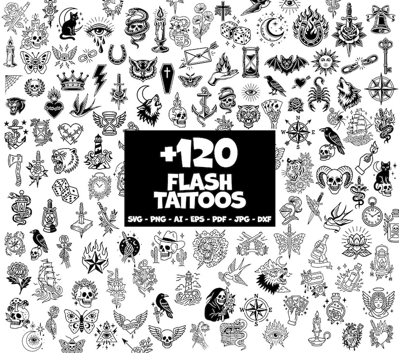May include: A collection of over 120 black and white flash tattoo designs. The designs include skulls, roses, animals, nautical themes, and other classic tattoo imagery. The text "+120 FLASH TATTOOS" is displayed in a black rectangle.