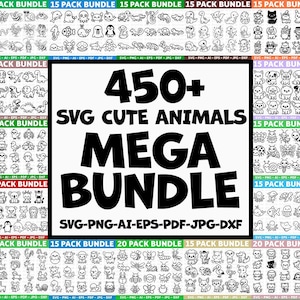 May include: A digital download graphic bundle featuring over 450 cute animal SVG files. The image includes various animal illustrations in black and white, with text indicating file formats such as SVG, PNG, AI, EPS, PDF, JPG, and DXF.