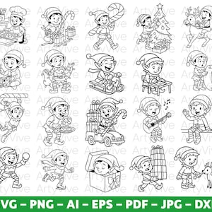 Puede incluir: Ilustraciones en blanco y negro de elfos en diversas actividades navideñas. Los elfos se muestran horneando, decorando un árbol, montando en trineo y entregando regalos. La imagen incluye el texto "SVG - PNG - AI - EPS - PDF - JPG - DXF".
