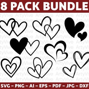 Op de afbeelding: Een bundel van 8 hartvormige ontwerpen in verschillende stijlen, waaronder effen zwart en omtrekversies. De afbeelding bevat de tekst "8 PACK BUNDLE" bovenaan en bestandstype-opties onderaan.