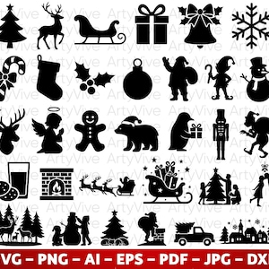 Christmas Silhouette SVG Bundle, 30+ Christmas clipart, Santa Sleigh, Reindeer, Tree, Angel, Gifts, Xmas Cut Files for Cricut & Silhouette