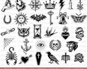 Traditional Tattoo Flash Bundle SVG, Old School Flash Designs, Skull Rose, Gothic designs, Vintage Tattoo Clipart PNG EPS, Cricut files