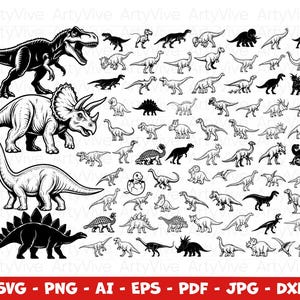 May include: A collection of black and white dinosaur illustrations featuring various species including a T-Rex, Triceratops, and Stegosaurus in different poses. The image includes a repeating ArtyVive watermark and text at the bottom reading SVG PNG AI EPS PDF JPG DXF.
