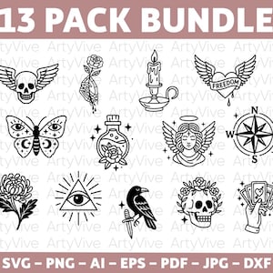 Tattoo Flash Sheet Bundle, Traditional Blackwork Line Art, Skull svg, Dagger, Snake svg, Gothic Floral Tattoo SVG Clipart Pack, cricut file