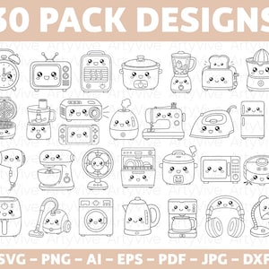 Peut inclure: Dessins au trait en noir et blanc de 30 appareils électroménagers et électroniques avec des visages de dessins animés mignons. Comprend une horloge, une télévision, un grille-pain, un mixeur, un presse-agrumes, un gaufrier, un robot culinaire, un projecteur, un humidificateur, une machine à coudre, un fer à repasser, etc. Le texte dit "30 PACK DESIGNS".