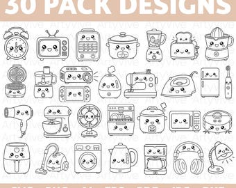 Puede incluir: Dibujos lineales en blanco y negro de 30 electrodomésticos y aparatos electrónicos con caras de dibujos animados. Incluye un reloj, un televisor, una tostadora, una licuadora, un exprimidor, una gofrera, un procesador de alimentos, un proyector, un humidificador, una máquina de coser, una plancha y más. El texto dice "30 PACK DESIGNS".
