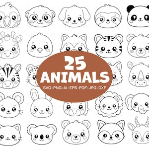 Puede incluir: Ilustraciones en blanco y negro de 25 animales diferentes, incluyendo un pájaro, un panda, un perro y una jirafa. Un óvalo marrón en el centro dice "25 ANIMALES" con opciones de tipo de archivo debajo.