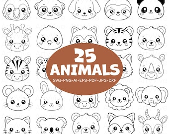 Puede incluir: Ilustraciones en blanco y negro de 25 animales diferentes, incluyendo un pájaro, un panda, un perro y una jirafa. Un óvalo marrón en el centro dice "25 ANIMALES" con opciones de tipo de archivo debajo.