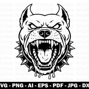 Arg Pitbull huvud SVG, aggressiv hund ansikte tecknad, Pitbull skällande, Pitbull linjeteckningar, tatuering stil hund SVG, hund Clipart, Cricut Cut-fil