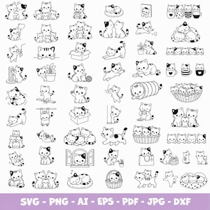 Peut inclure: Une collection d'illustrations en noir et blanc au trait représentant divers chatons dans différentes postures, jouant avec de la laine, assis dans des boîtes, dormant dans des paniers ou interagissant avec des plantes. Le texte SVG - PNG - AI - EPS - PDF - JPG - DXF figure en bas.