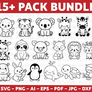Puede incluir: Ilustraciones de dibujos animados de animales en blanco y negro, incluyendo un león, un tigre, un koala, una jirafa, una cebra, un perezoso, un cerdo, un zorro, un erizo, un ciervo, un hipopótamo, un conejo, un pingüino, una ballena, una tortuga y un búho. El texto "15+ PACK BUNDLE" está en la parte superior.