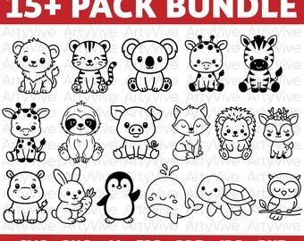 Baby Animal SVG Bundle, Cute Baby Zoo & Forest Animals Line Art, Cute Animals bundle SVG/PNG, Kawaii Animal Clipart for Cricut