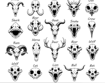 20 Animal Skull SVG Bundle, Head Skull Wall Art, Gothic Skull Designs, Tattoo Flash Skull SVG, Deer Wolf Lion Bull Skull PNG, Cricut Files