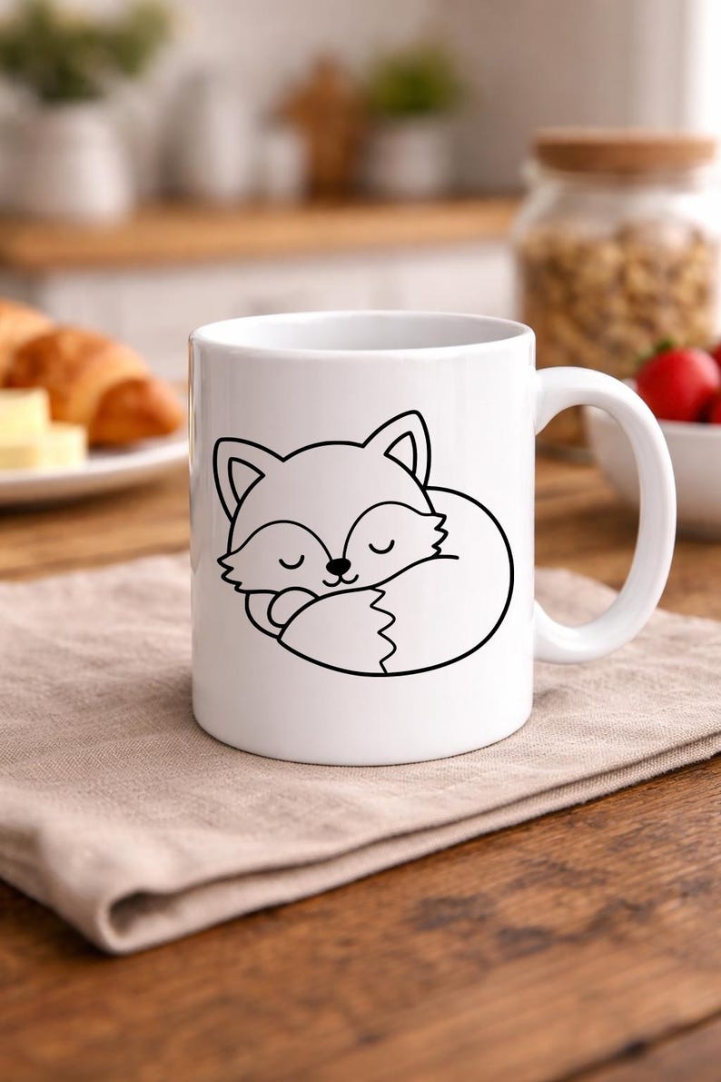 Puede incluir: Taza de cer&aacute;mica blanca con una ilustraci&oacute;n en contorno negro de un zorro durmiendo. El zorro est&aacute; acurrucado con los ojos cerrados. La taza tiene un asa curva y est&aacute; sobre una servilleta de lino beige.