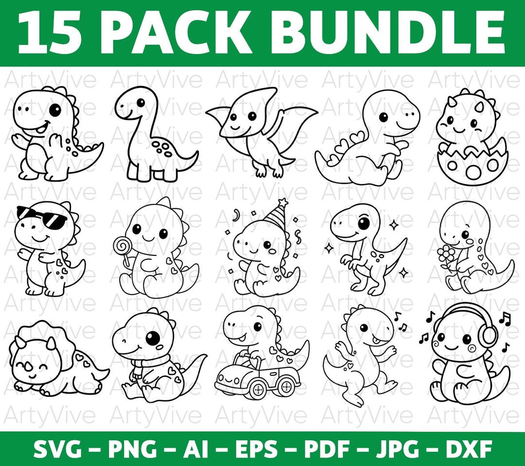 Cute Dinosaur SVG Bundle, Kawaii Dino Designs Clipart for Cricut ...