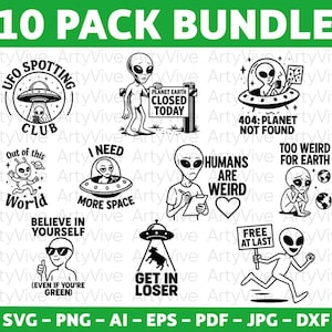 Peut inclure: Ensemble de dix graphiques sur le thème des extraterrestres en noir et blanc. Les motifs incluent des OVNIs, des extraterrestres avec des panneaux et du texte comme "UFO Spotting Club", "Planet Earth Closed Today". Idéal pour autocollants.