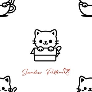 Peut inclure: Motif répété d'un chat de dessin animé dans une boîte, en noir et blanc. Le design est minimaliste et simple. Le texte "Seamless Pattern" est écrit en cursive. L'ensemble est mignon et facile à utiliser.