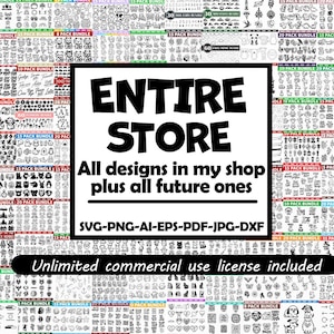 Könnte beinhalten: Werbung für einen digitalen Kunstladen in Schwarz und Weiß. Der zentrale Text lautet "ENTIRE STORE" mit dem Slogan "All designs in my shop plus all future ones." Enthält eine unbegrenzte kommerzielle Nutzungslizenz.