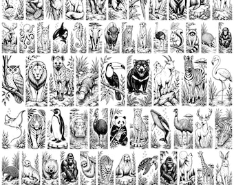 May include: A collection of black and white line art illustrations featuring various animals including a dolphin, koala, fox, rhino, parrot, kangaroo, bear, seal, lion, octopus, orca, seahorse, elephant, bison, owl, toucan, panda, whale, and giraffe.