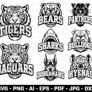 May include: A collection of eight black and white vector illustrations featuring snarling animal heads including a tiger, bear, panther, shark, bulldog, jaguar, doberman, and hyena, each paired with its respective name in bold block lettering.