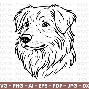 May include: A monochrome line art illustration of a dog's head, showcasing intricate fur and facial details. The image includes the text "SVG - PNG - AI - EPS - PDF - JPG - DXF".