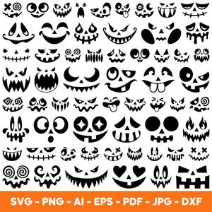 May include: A collection of black and white graphic illustrations featuring various jack-o'-lantern facial expressions, including eyes, noses, and mouths with sharp teeth, swirls, and heart shapes, with the text SVG - PNG - AI - EPS - PDF - JPG - DXF.