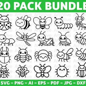 May include: A collection of 20 black and white insect illustrations, including a ladybug, bee, butterfly, caterpillar, ant, dragonfly, grasshopper, beetle, spider, and more. The text "20 PACK BUNDLE" is at the top.