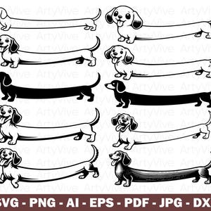 Könnte beinhalten: Schwarz-Weiß-Illustrationen von Dackel-Hunden in verschiedenen Posen. Die Hunde haben lange Körper und kurze Beine, einige zeigen ihre Zungen. Dateiformate: SVG, PNG, AI, EPS, PDF, JPG und DXF.