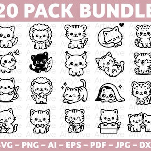 Peut inclure: Un lot de 20 illustrations numériques en noir et blanc représentant divers chats, chatons et grands félins de dessin animé dans différentes poses, incluant des chats dans des tasses, des boîtes et avec des accessoires, avec le texte 20 PACK BUNDLE.