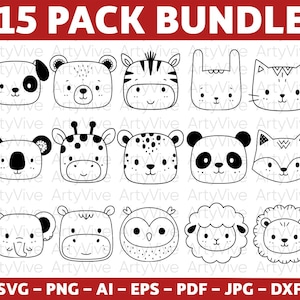 Paquete de archivos SVG de caras de animales adorables, dibujos lineales de animales kawaii, imágenes prediseñadas de animales para guardería infantil, archivos SVG y PNG de animales lindos del zoológico y del bosque, archivos Cricut