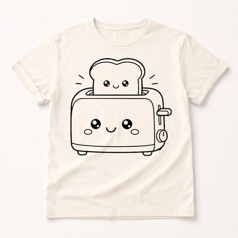 Puede incluir: Camiseta de color crema con una ilustraci&oacute;n de dibujos animados en blanco y negro de una tostadora sonriente con una rebanada de pan. La tostadora y el pan tienen caras lindas y expresivas. El dise&ntilde;o es simple y juguet&oacute;n.