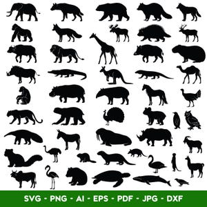 Peut inclure: Une collection de silhouettes noires représentant divers animaux sauvages, dont un éléphant, un lion, une girafe, un ours, une tortue et une baleine, disposés en grille avec le texte SVG - PNG - AI - EPS - PDF - JPG - DXF en bas.