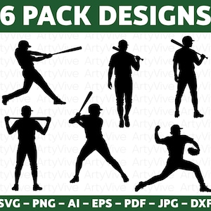 Basebollspelare silhuett SVG-paket, baseboll SVG-klippfiler, slagmanspose SVG, sportspelare silhuettpaket, Cricut png dxf eps
