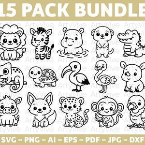 Può includere: Una collezione di 15 illustrazioni di animali dei cartoni animati in bianco e nero, tra cui un leone, una zebra, un ippopotamo, un suricato, un alligatore, un camaleonte, una tartaruga, un pellicano, uno struzzo, un rinoceronte, un facocero, una volpe, un leopardo, una scimmia e un uccello. Il testo "15 PACK BUNDLE" è in alto.