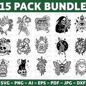 Puede incluir: Paquete de 15 ilustraciones en blanco y negro estilo tatuaje. Los diseños incluyen un corazón con una daga, una mano sosteniendo una flor marchita, un cofre del tesoro con una serpiente, una parca, un ojo, una calavera con setas, una brújula, una botella de veneno, una mano sosteniendo una daga, un corazón con una llave, una linterna, un gato sobre una calavera, una serpiente con una daga, una mariposa con un reloj de arena y un despertador.